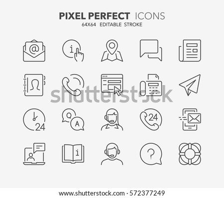 Set of contact and support thin line icons. Contains icons as phone call, customer, 24 hrs, email, faq and more. Editable stroke. 64x64 Pixel Perfect.