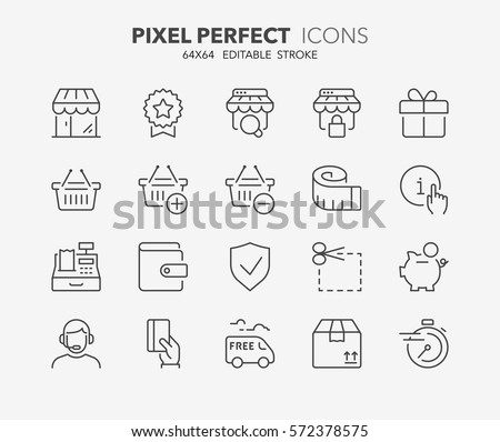 Set of e-commerce and shopping thin line icons. Contains icons as shopping online, shopping basket, fast delivery, payment options, info and more. Editable stroke. 64x64 Pixel Perfect.