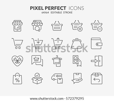 Set of e-commerce and shopping thin line icons. Contains icons as mobile shop, shopping cart, testimonials, shipping and delivery, fashion and more. Editable stroke. 64x64 Pixel Perfect.