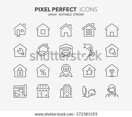 Set of real estate and homes thin line icons. Contains icons as area, hand holding key, smart home, contact and support, apartments and more. Editable stroke. 64x64 Pixel Perfect.