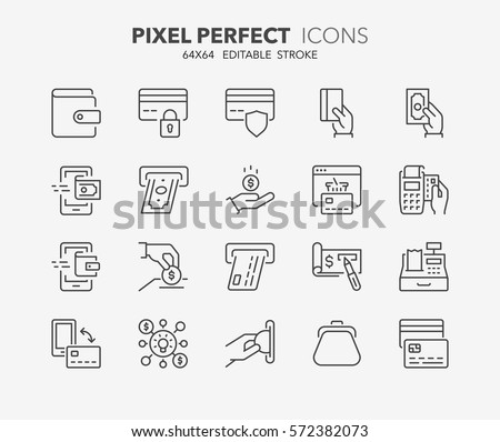 Set of money and payment methods thin line icons. Contains icons as pay online, bank check, mobile wallet, mobile payment, credit card and more. Editable stroke. 64x64 Pixel Perfect.