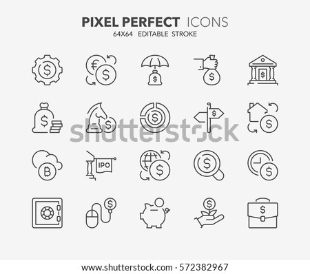 Set of money and financial thin line icons. Contains icons as e-banking, initial public offering, investment portfolio, real estate investment and more. Editable stroke. 64x64 Pixel Perfect.