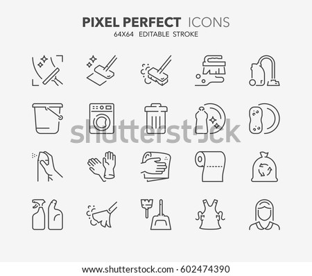 Set of cleaning thin line icons. Contains icons as windows and floor cleaning, housekeeping, air freshener, maid service and more. Editable vector stroke. 64x64 Pixel Perfect.