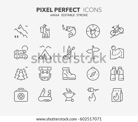 Set of outdoor and camping activities thin line icons. Contains icons as mountain bike, trail map, barbecue grill, hunting and fishing, equipment and more. Editable vector stroke. 64x64 Pixel Perfect.