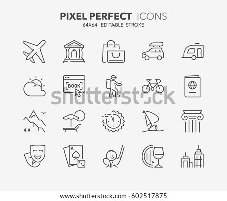 Set of travel, tourism transportation thin line icons. Contains icons as airplane, booking, last minute deals, ecotourism, cultural tourism and more. Editable vector stroke. 64x64 Pixel Perfect.