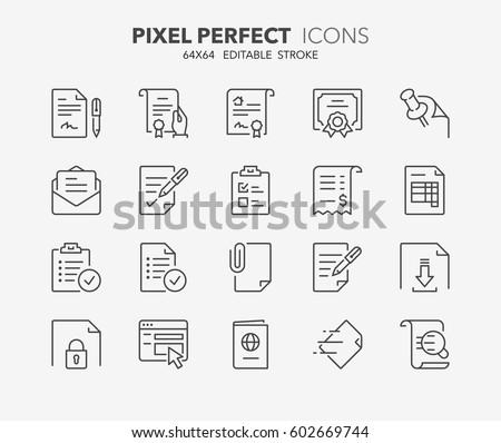 Set of documents thin line icons. Contains icons as contract, certificate, attachment, invoice, deed of sale and more. Editable vector stroke. 64x64 Pixel Perfect.