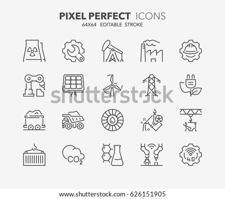 Thin line icons set of heavy and power industry. Outline symbol collection. Editable vector stroke. 64x64 Pixel Perfect.