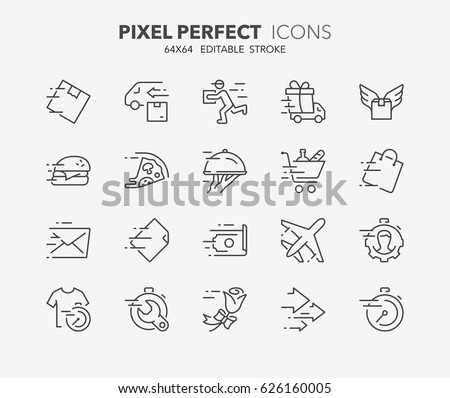 Thin line icons set of fast services, shipping and delivery. Outline symbol collection. Editable vector stroke. 64x64 Pixel Perfect.