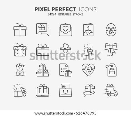 Thin line icons set of gifts and presents. Outline symbol collection. Editable vector stroke. 64x64 Pixel Perfect.