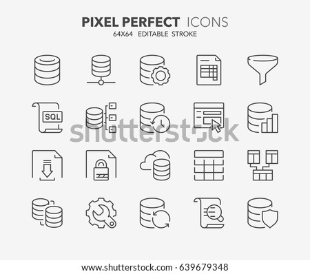 Thin line icons set of database and data technology concepts. Outline symbol collection. Editable vector stroke. 64x64 Pixel Perfect.