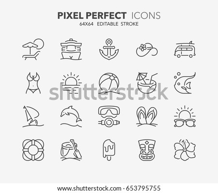 Thin line icons set of summer and beach. Outline symbol collection. Editable vector stroke. 64x64 Pixel Perfect.