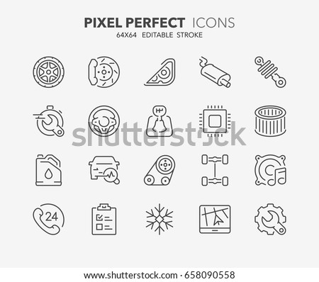 Thin line icons set of car repair-maintenance services and auto parts. Outline symbol collection. Editable vector stroke. 64x64 Pixel Perfect.