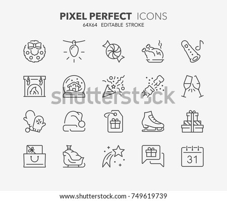 Thin line icons set of christmas, party and celebrations. Outline symbol collection. Editable vector stroke. 64x64 Pixel Perfect.