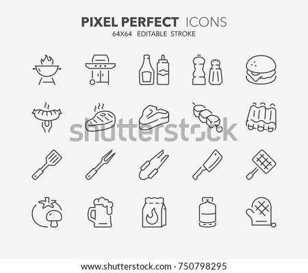 Thin line icons set of barbecue and grill. Outline symbol collection. Editable vector stroke. 64x64 Pixel Perfect.
