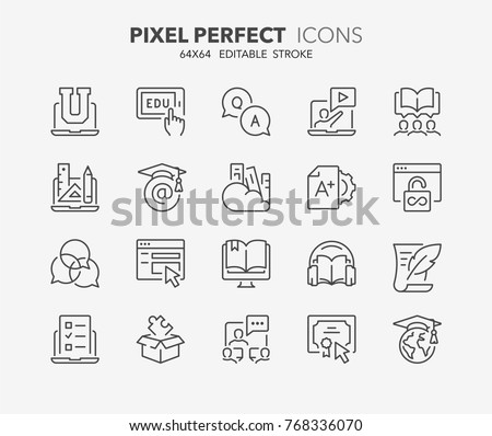 Thin line icons set of e-learning and online education. Outline symbol collection. Editable vector stroke. 64x64 Pixel Perfect.