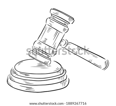 Judge's hammer in court as a symbol of justice decision. Vector hand drawn sketch illustration isolated on white background.