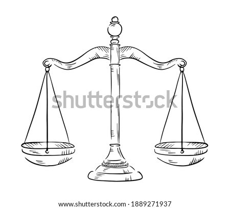 Vector black hand drawn sketch illustration isolated on white background. Judge's scales of justice. A symbol of right decision and act.