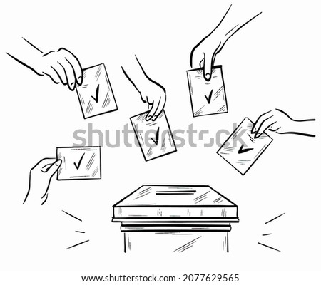 Hand drawn illustration of hands holding voting lists and putting them into voting box. Vector black sketch art isolated on white background.