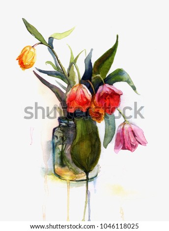 Watercolor illustration Still life with tulips in glass jar, with watercolor splashes and drops. Botanical, natural, floral postcard for birthday, wedding, mother's day, valentines.
