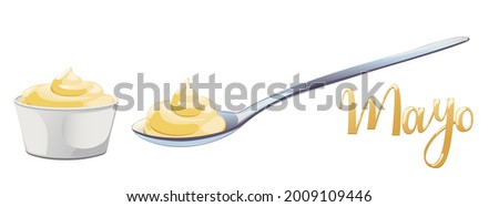 Mayonnaise in metal spoon in catroon flat style. Portion of sauce. Vector design for advertising cheese, dairy products, healthy food.