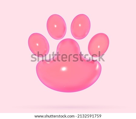 Paw 3d print in cartoon soft pop style. Grooming service visual concept. Realistic render vector elements for pet and veterinaty care design.