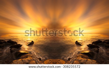 Manipulation of the beautiful scenery of sunset beach in Borneo .Warmer color of sunset.Long exposure of the sky.