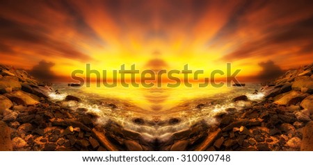 A beautiful fantasy scenery of sunset beach.Warmer color of sunset.Image have soft light contrast