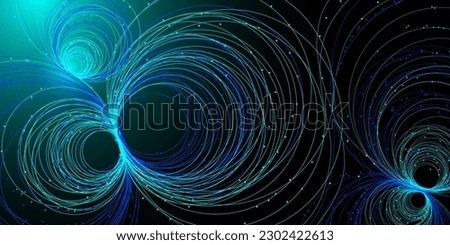 Technological background, neural networks, big data, artificial intelligence. The contact of chaotic circles and dots on a blue background. Computer Neural Network Concept. Vector background