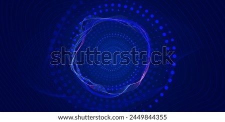 Abstract blue background with a series of dots from small to large twisted in a spiral, wave of dots and weave lines for presentations, web design on a technological theme. Vector illustration