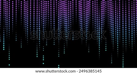 Abstract gradient pattern of vertical dotted lines in purple and blue on black background, creating cascading effect from top to bottom. Vector