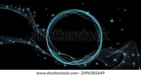 Abstract black background with blue light trails and sparkling stars, circular pattern with central void for use in digital art projects, presentations, website backgrounds, or promotional materials.