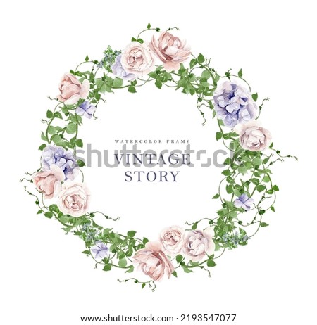 Watercolor rose and hydrangea wreath, botanical arrangement, greenery, spring, summer clipart, wedding invitation, save the date, bridal shower, vintage, blossom, flower isolated