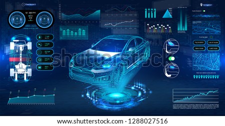 Hologram Auto in HUD UI style. Futuristic car service, scanning and auto data analysis. Car Auto Service, Modern Design, Diagnostic Auto. Virtual Graphical Interface HUD. Vector