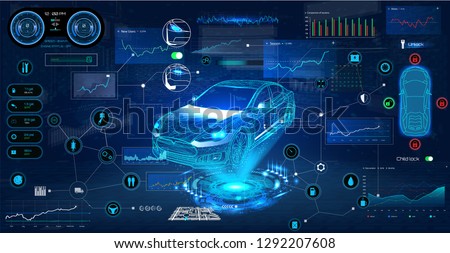 Car service in the style of HUD. Virtual graphical interface Ui HUD Autoscanning, analysis and diagnostics, Abstract vector science. Car auto service infographics. repair Futuristic user interface