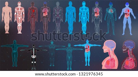 X-Ray Body Collections in Futuristic HUD SCI Style. Modern Scan of Internal Ograns and Human Body. Healthcare Images ( Structure and Arrangement of Organs and DNA Formula) Hud Sci vector collection