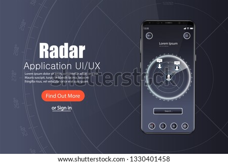 Mobile app, Radar screen template with modern design. Applications for finding people nearby (dating, sharing, sales, hobbies, bluetooth, wi-fi). Radar UI, UX, KIT application template