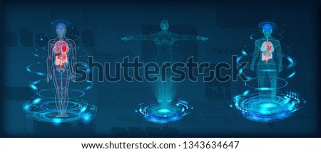 Human body low poly wireframe. Futuristic scan set, human hologram, body x-ray, 3d model in HUD style. Polygonal wireframe mesh with scattered particles and light effects on dark background. Vector 