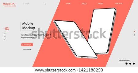 Webpage template with mobile phones with isometric position. 3d realistic phones in perspective. UI/UX/KIT design. Template for advertising or page to the site, marketing, presentation. Vector 