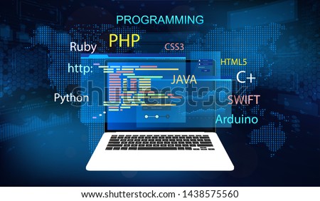 Programming concept banner. Software, web development, programming concept. Programming languages( java, c++, ruby, payton, CSS3, Swift) and program code on screen laptop. Software development