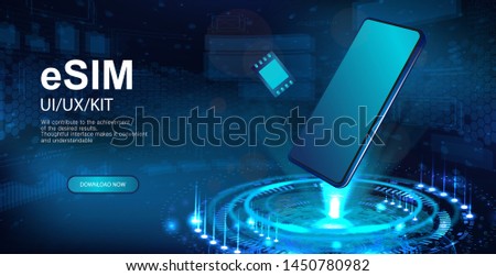 eSIM and Smartphone hologram. Presentation banner, Holographic projection with isometric smartphones. eSIM card chip sign. New mobile communication technology. Vector illustration banner sim card