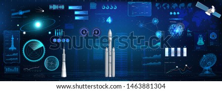 Space Launch rockets dashboard. HUD space elements set (Radars, 3D rockets, Spaceships, Antenna, Satellite and Hologram Solar System) Head Up Display Cockpit dashboard. Sky-fi HUD elements. Vector