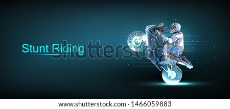 Stunt Riding banner. Moto show. Motorbike rider riding on the rear wheel. Sport motorbike in the form of a starry sky or space, consisting of points. Polygonal and low poly style. Vector image