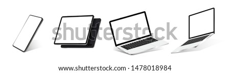 Mock-ups gadgets collection ( Smartphone, tablet, laptop, notebook ) blank screen for you design. 3D vector realistic gadgets in perspective and isometric view. Axonometric view of the device. Vector