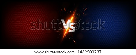 Dark Versus Battle. MMA concept - Fight night, MMA, boxing, wrestling, Thai boxing. VS collision of metal letters with sparks and glow on a red-blue background and octagon grid. Versus battle. Vector Foto stock © 