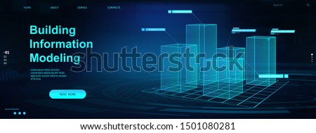 Building Information Modeling concept. Bim web page banner.  Vector illustration concept with models buildings. The concept of business. Industry construction, from start to finish. Bim vector banner