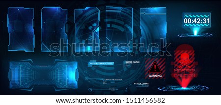 Screens HUD, UI, GUI futuristic interface. Callouts titles. Head up screens for video games, apps, movie. Sky-fi holograms, warning in the form of holograms - attention, danger, countdown. Vector set