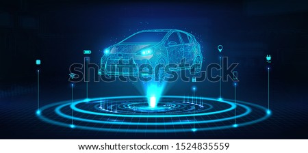 Hologram auto, futuristic polygonal model auto. Smart auto ai.  Wireframe in line low-poly style. Smart automobile. Vector illustration in futuristic style