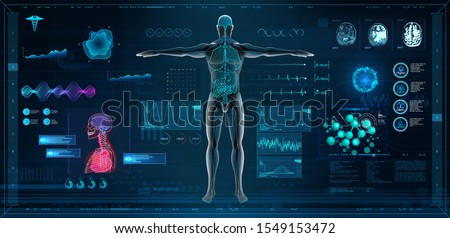 MRT and body scan in HUD style design, Human body, organs and brain scan with pictures. X-ray hi-tech healthcare. Virtual graphic touch HUD UI, cardiogram and data chart. Medical vector illustration