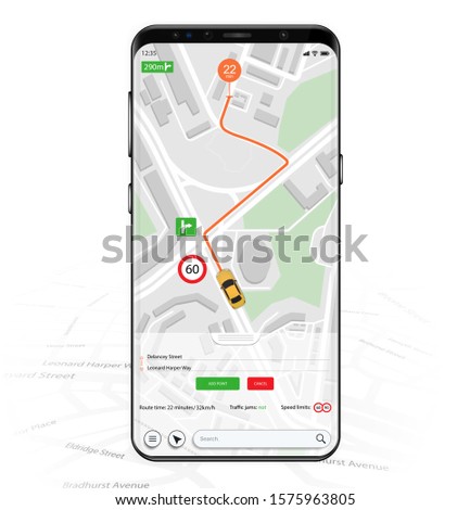 Map GPS navigation mockup screen. Smartphone UI UX KIT Mobile App. Thoughtful and simple application shows roads, speed limit, time. Application search map navigation, Finish pinpoint on the way. 