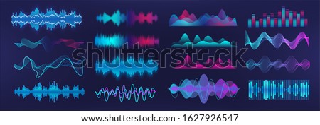Sound waves equalizer. Frequency audio waveform, music wave, voice graph signal in futuristic style HUD. Microphone voice control set and sound recognition. Audio waves vector set